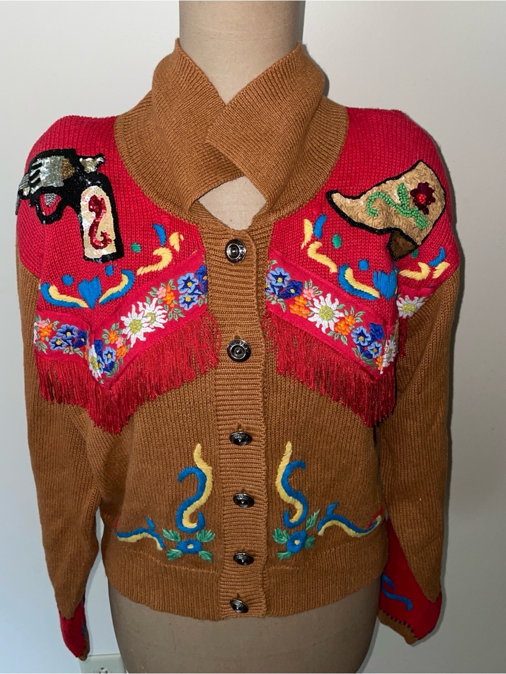 Embroidered Brown & Red‎ Fringe Button-Up Cardigan - Picture 5 of 10